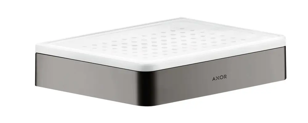 Seifenschale mit perforierter Oberfläche und einem Polished Black Chrome-Rahmen der Marke AXOR. Sie ist rechteckig und hat eine flache Form.